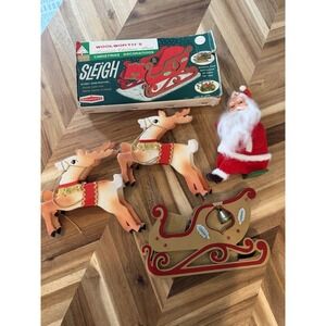 Vintage Woolworth's 1950s Santa Sleigh With Box 4 Reindeer Japan Flocked Rare